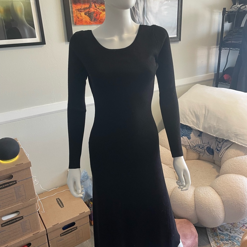 Black sweater dress with low back. From Petal and Pup